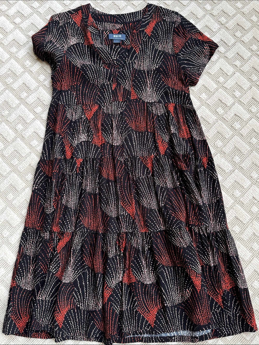 Anthropologie | Maeve Black Dress with Red and Cream Fan Print